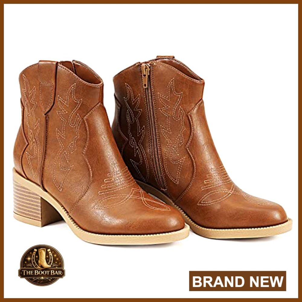 Women's Embroidered Western Cowboy Boots Round Toe Ankle Booties Chunky Heels - Picture 4 of 6